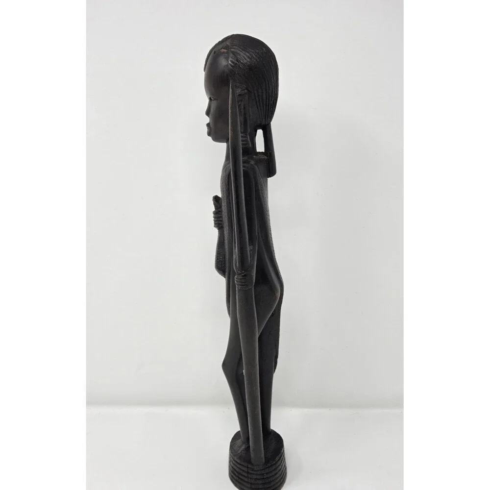Vintage Hand Carved African Warrior Statue Figure w/ Spear‎ Wood Tribal Art 14